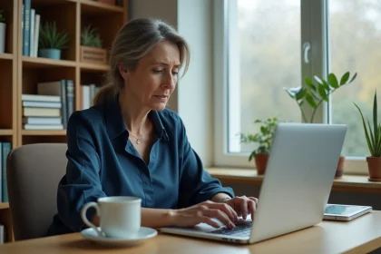 Femme d'âge moyen tentant de récupérer ses identifiants de connexion sur son compte bancaire en ligne depuis un bureau à domicile