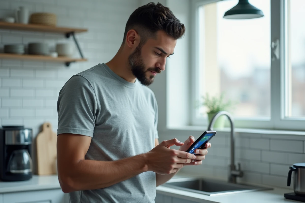 Homme consultant l'application mobile de la Banque Postale pour réinitialiser son mot de passe de compte particulier
