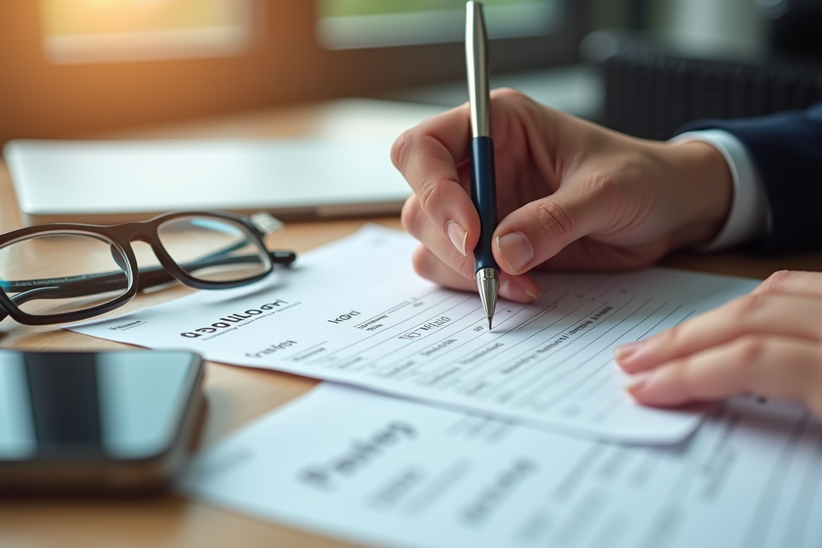 Mains remplissant une fiche de paie avec stylo sur un bureau en bois