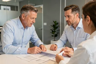 Un homme de 40 ans en chemise bleue discute de la renégociation de son crédit immobilier avec un conseiller bancaire dans une agence moderne