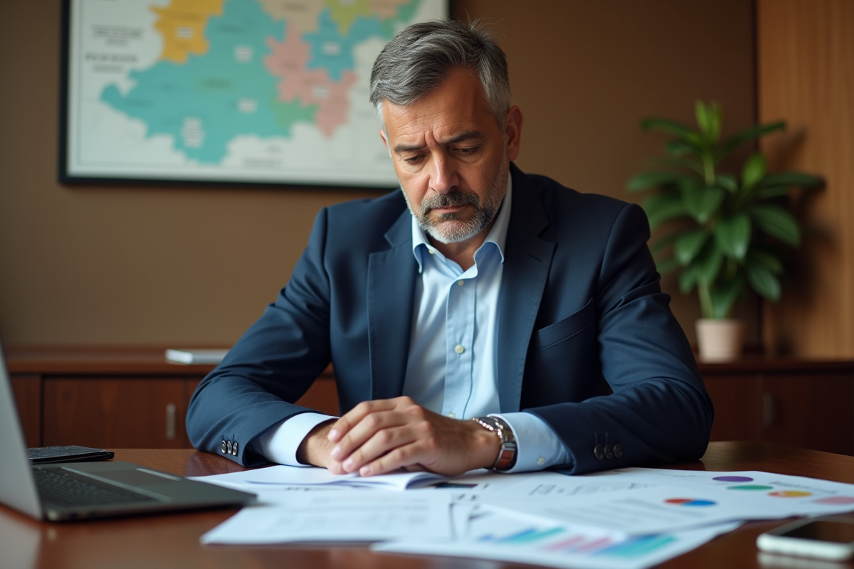 Manager financier en costume bleu examine des rapports dans son bureau