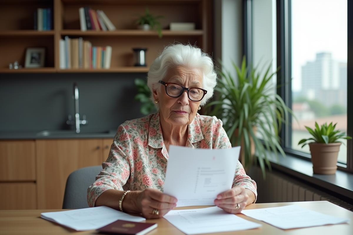 Femme retraitée examinant ses documents de pension à la cuisine