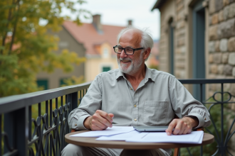 Homme retraité souriant vérifiant sa pension sur son balcon