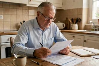 Retraité consultant ses documents fiscaux et formulaires de taxe retraite à la table de cuisine