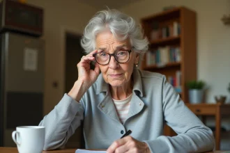 Femme retraitée consultant ses documents fiscaux à la table de cuisine, illustrant les erreurs d'abattement fiscal retraite 2026