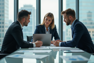 Groupe de professionnels en réunion d'affaires en ville