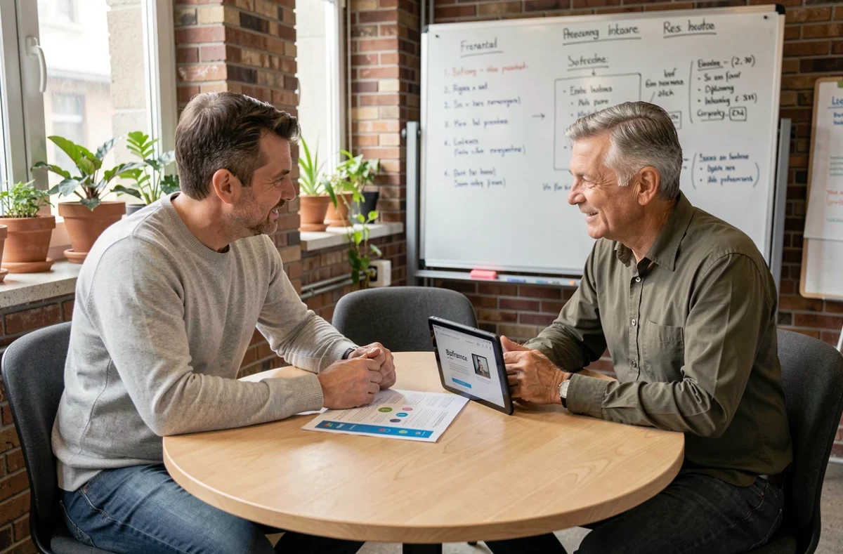 Deux entrepreneurs discutant des aides régionales Île-de-France et des dispositifs Bpifrance autour d'une table dans un incubateur de startups