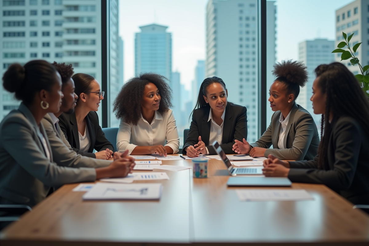 Groupe de professionnels de la santé en réunion dans une salle moderne