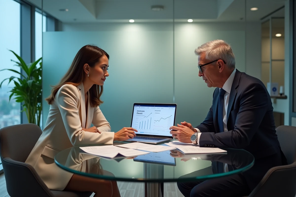 Réunion de gestion de patrimoine entre un conseiller et une cliente dans une salle de réunion de banque privée moderne