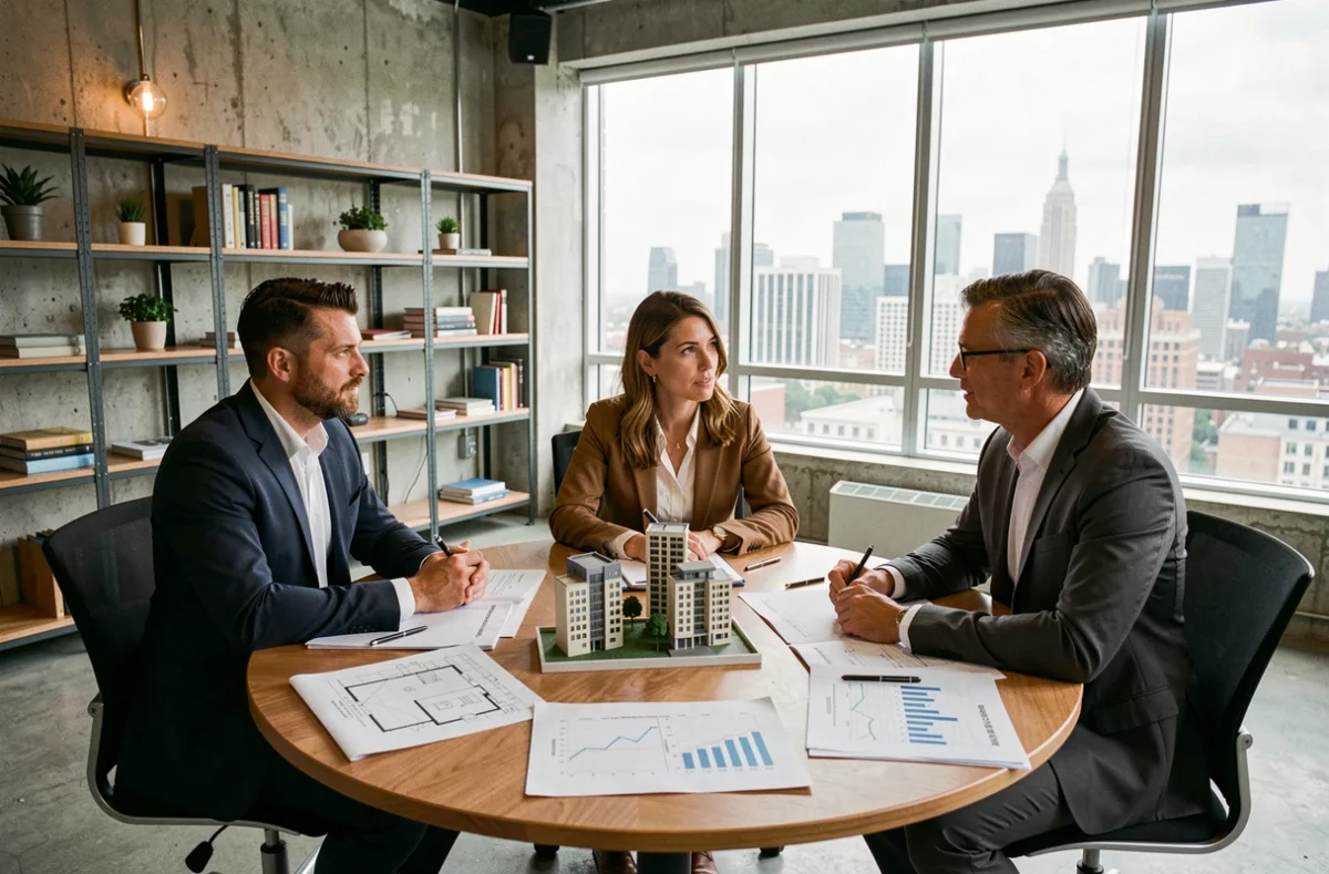 Groupe de professionnels discutant d'un investissement immobilier collectif en SCPI autour d'une table avec plans et documents financiers