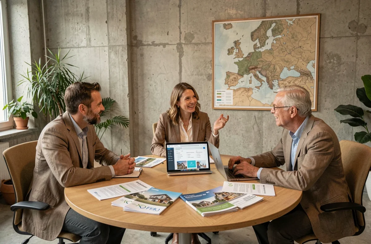 Réunion de professionnels discutant d'investissements immobiliers durables en Europe dans une salle de réunion contemporaine
