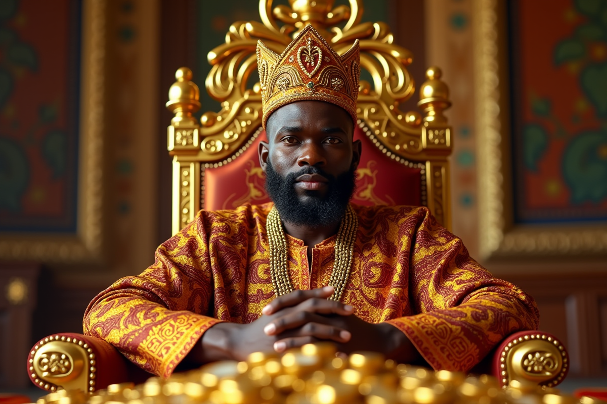 Roi africain en tenue traditionnelle sur un trone doré