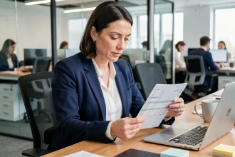 Femme cadre en entreprise privée analysant des fiches de salaire brut net sur son bureau