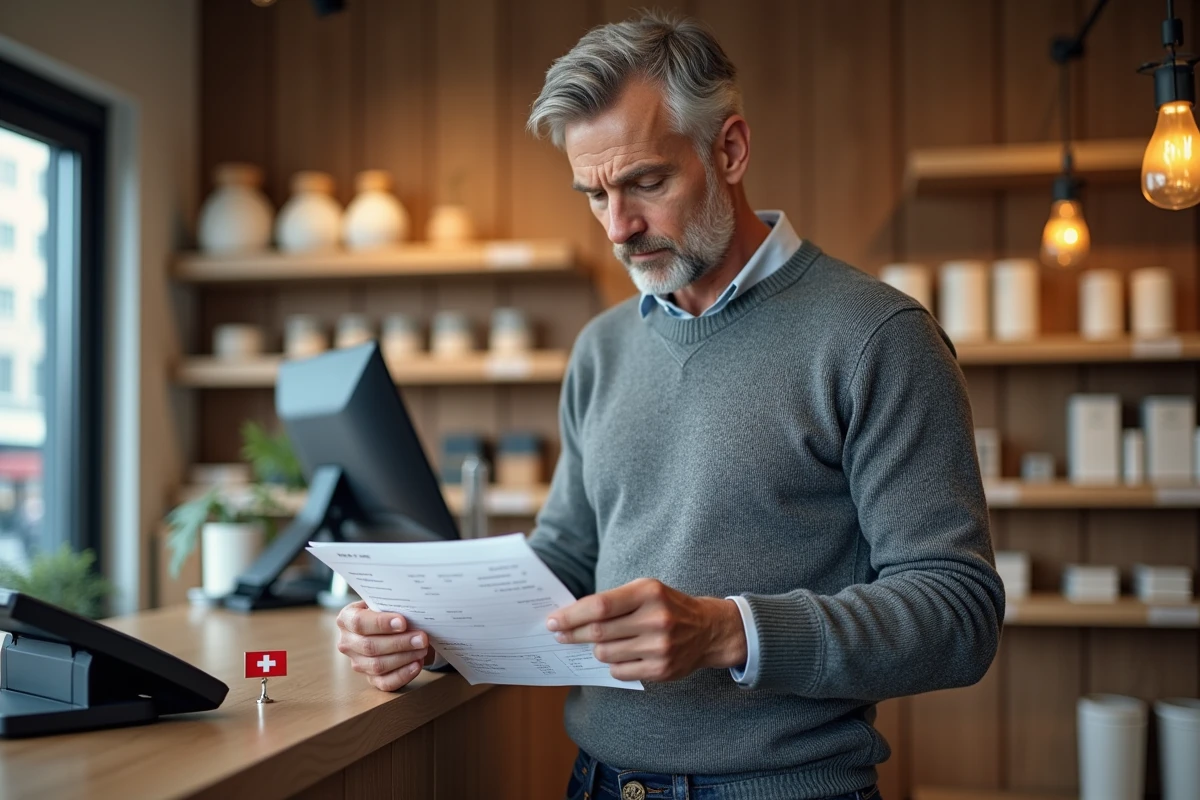 Travailleur à temps partiel dans un commerce suisse examinant sa fiche de salaire conformément aux règles de rémunération minimale
