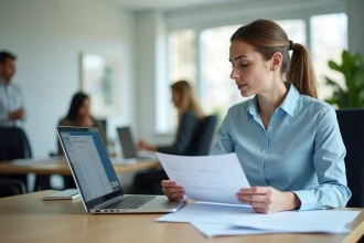 Employée à temps partiel en Suisse consultant son contrat de travail et les grilles salariales sur un ordinateur de bureau