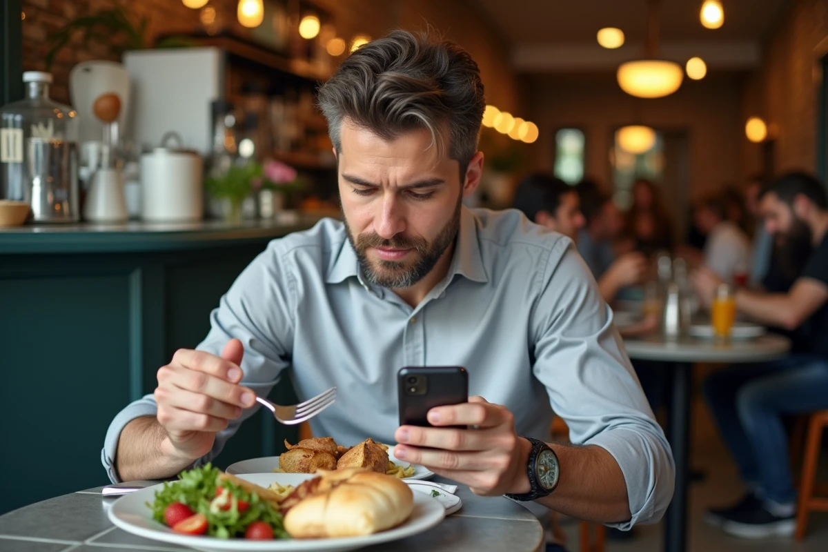 Salarié consultant son téléphone sur la fiscalité des repas pendant la pause déjeuner dans un bistrot parisien