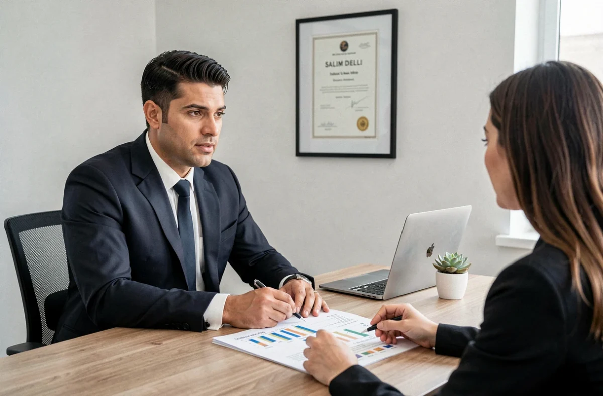 Salim Dellal, conseiller indépendant en gestion de patrimoine, en consultation personnalisée avec une cliente