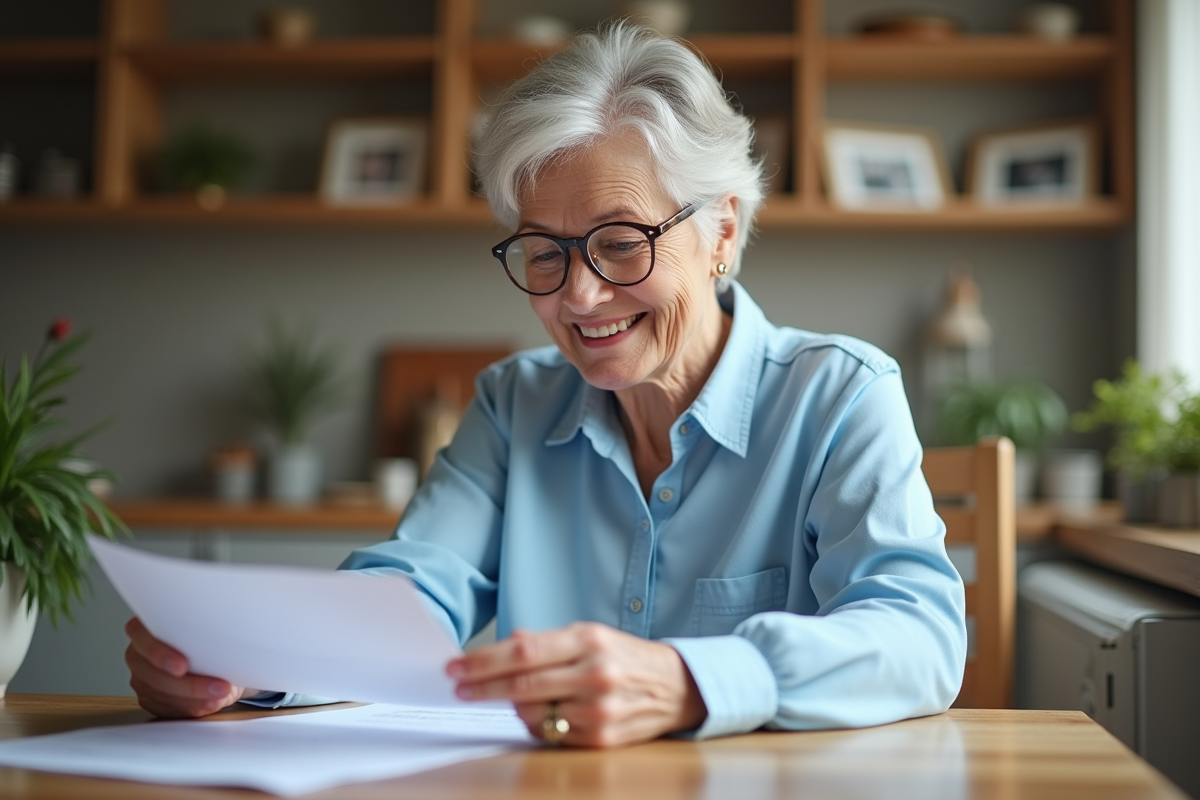 Femme senior souriante vérifiant ses documents de pension