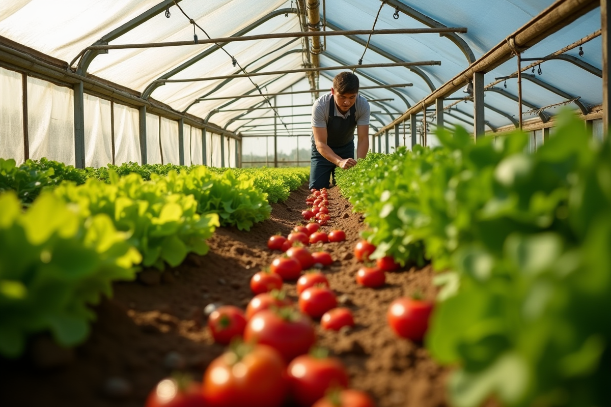 Serre avec légumes verts et un fermier examinant les plantes