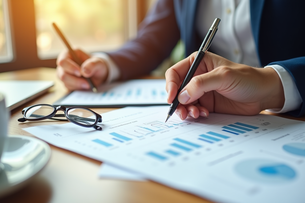 Main signant un contrat de prêt immobilier avec graphiques financiers