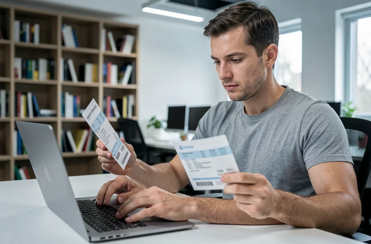 Homme avec plusieurs fiches de salaire consultant un simulateur de prime d'activité sur ordinateur portable