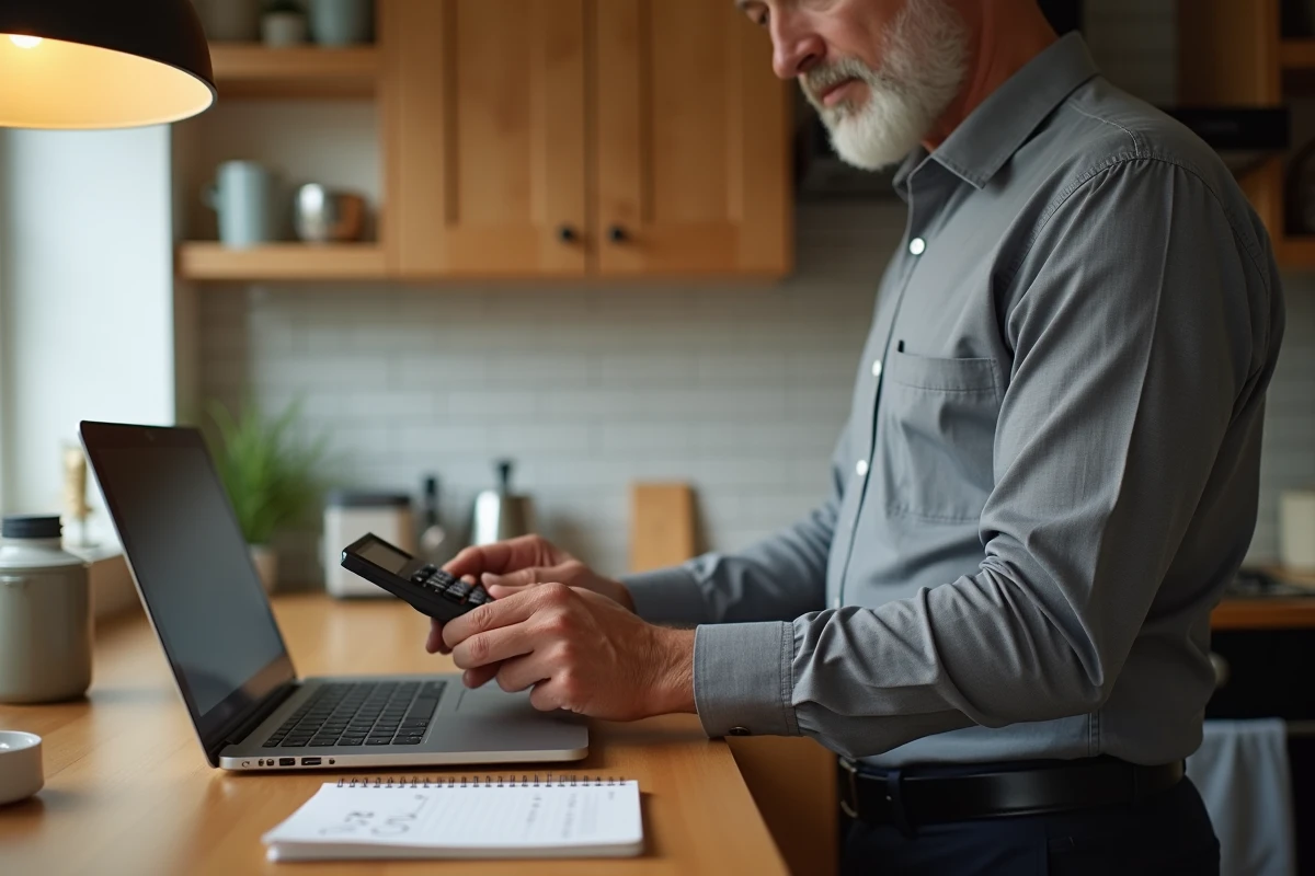Homme calculant son salaire mensuel au SMIC pour 25 heures de travail par semaine depuis son domicile