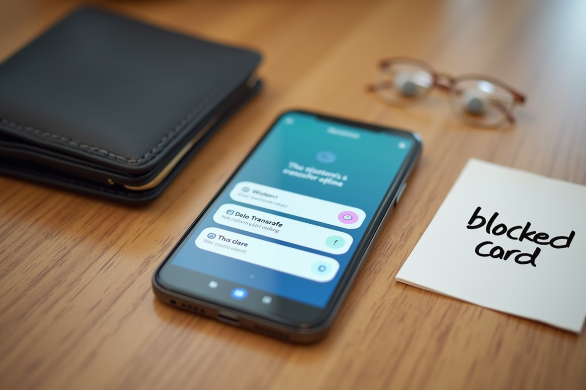 Smartphone affichant une application bancaire avec carte bloquee