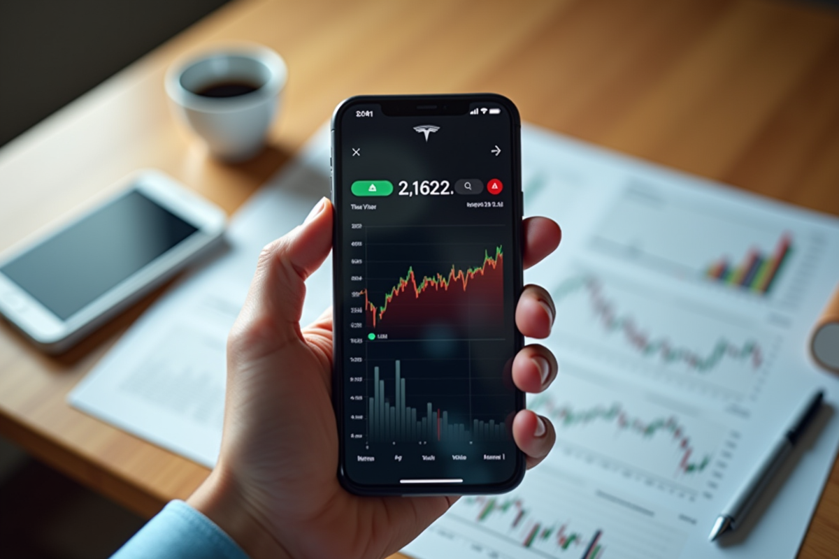 Smartphone montrant le code Tesla sur une application de trading boursier