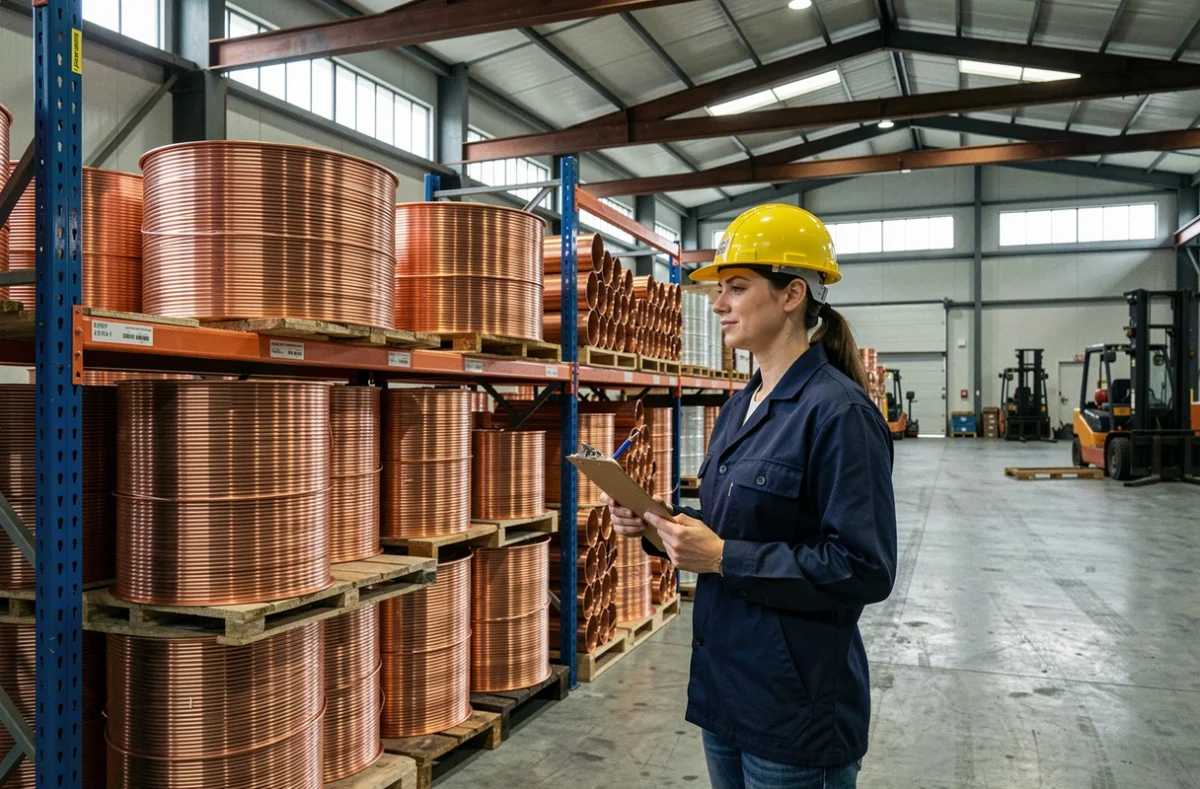 Gestionnaire d'entrepôt inspectant un stock de cuivre en bobines et tubes dans un entrepôt industriel