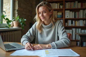 Femme en télétravail depuis la France consultant son salaire net suisse et des documents fiscaux sur un bureau en bois
