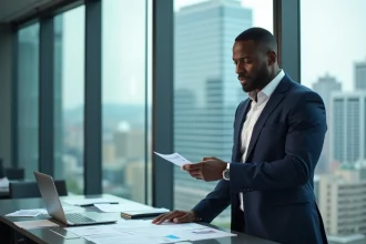 Homme d'affaires afro-américain en costume marine examinant des documents financiers dans un bureau moderne avec vue sur la ville, illustrant la stratégie d'investissement de Tony Parker