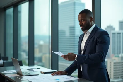 Homme d'affaires afro-américain en costume marine examinant des documents financiers dans un bureau moderne avec vue sur la ville, illustrant la stratégie d'investissement de Tony Parker