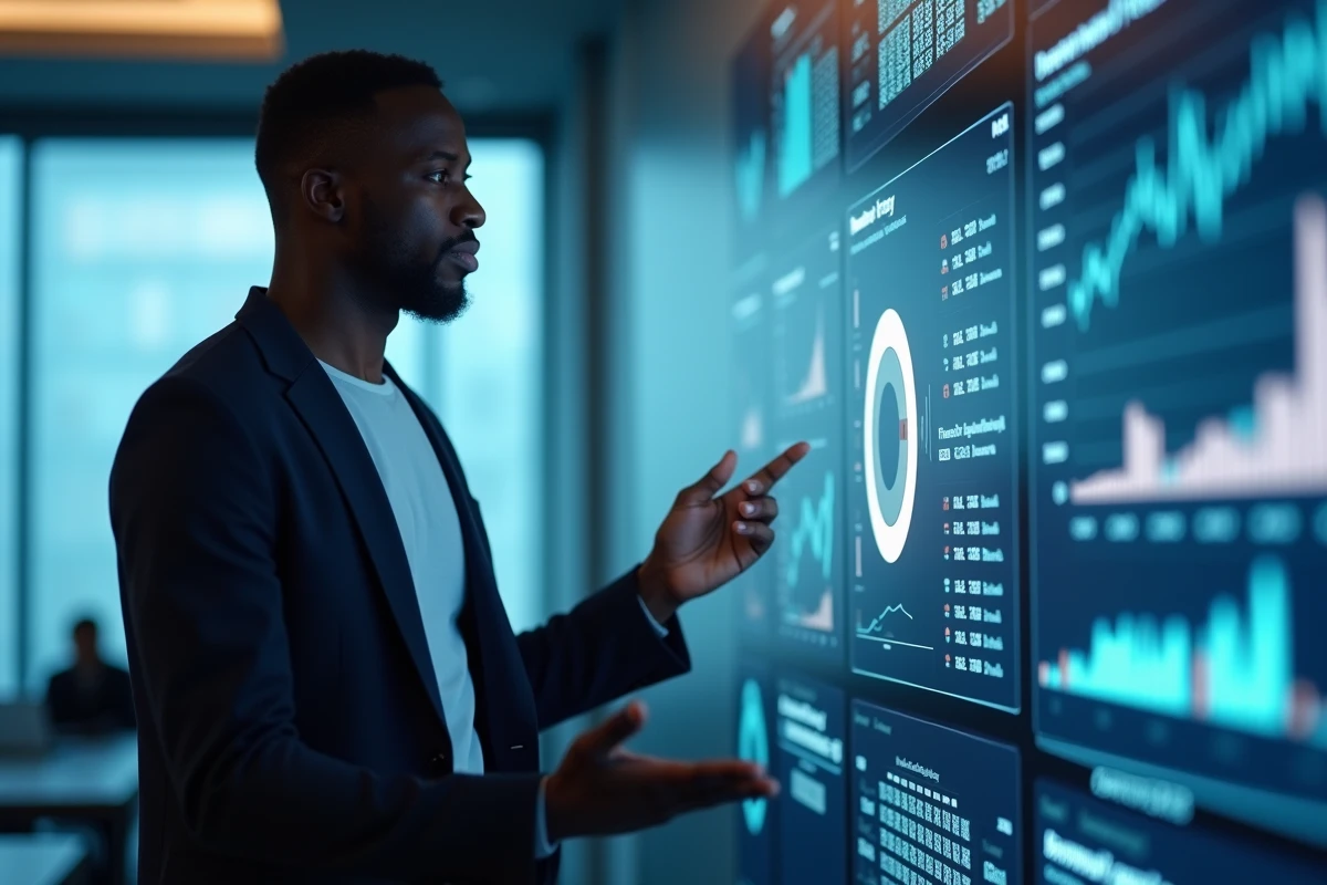 Homme en blazer présentant des données financières et immobilières sur un écran interactif en salle de réunion, symbolisant la diversification des investissements de Tony Parker