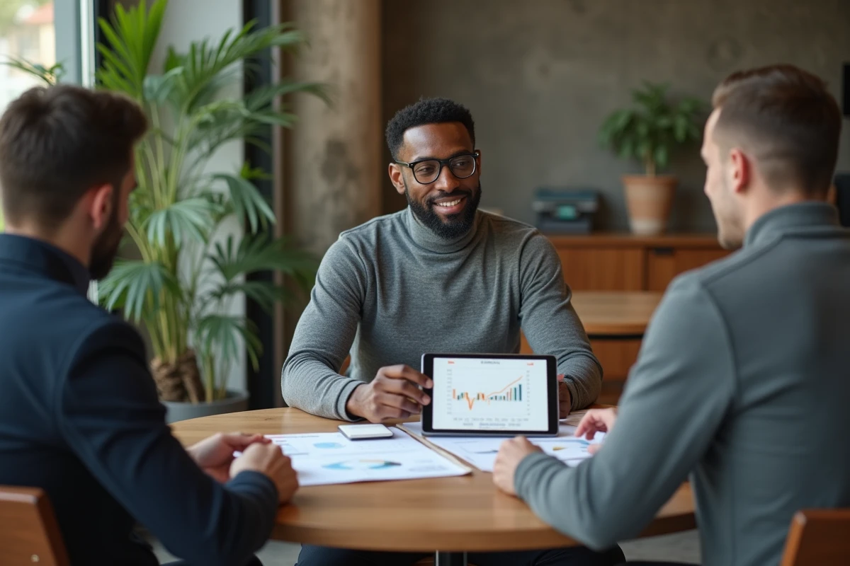 Deux hommes d'affaires discutant d'un portefeuille d'investissements autour d'une table dans un espace de coworking moderne, évoquant les partenariats stratégiques de Tony Parker
