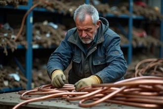 Ferrailleur triant des tuyaux en cuivre et câbles électriques dans une casse métallique pour en évaluer le prix au kilo