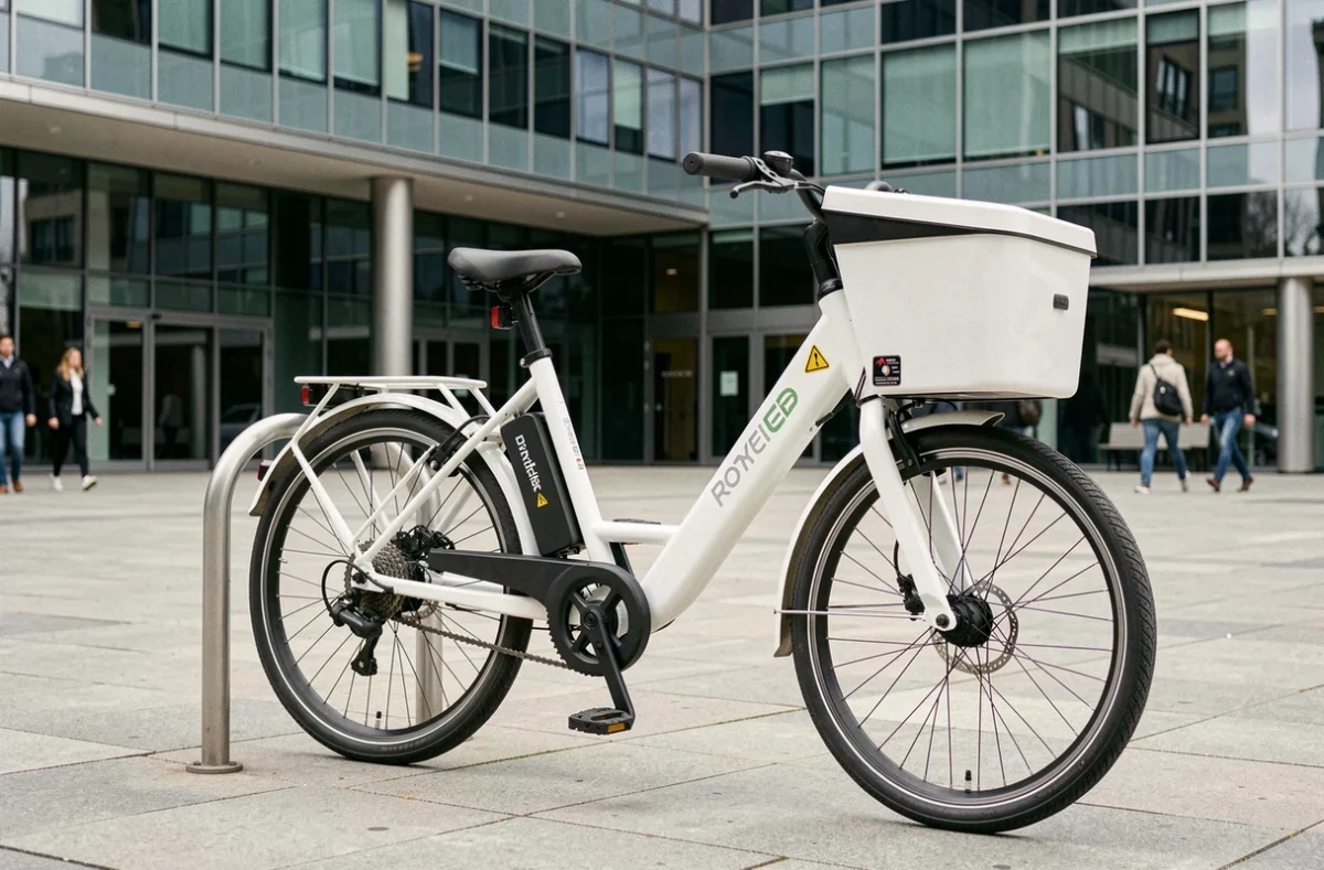 Vélo électrique cargo stationné devant un immeuble de bureaux en milieu urbain