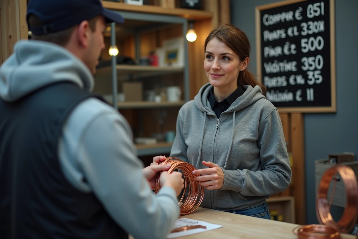 Femme vendant du cuivre au comptoir d'un centre de rachat de métaux avec tableau des prix au kilo en arrière-plan