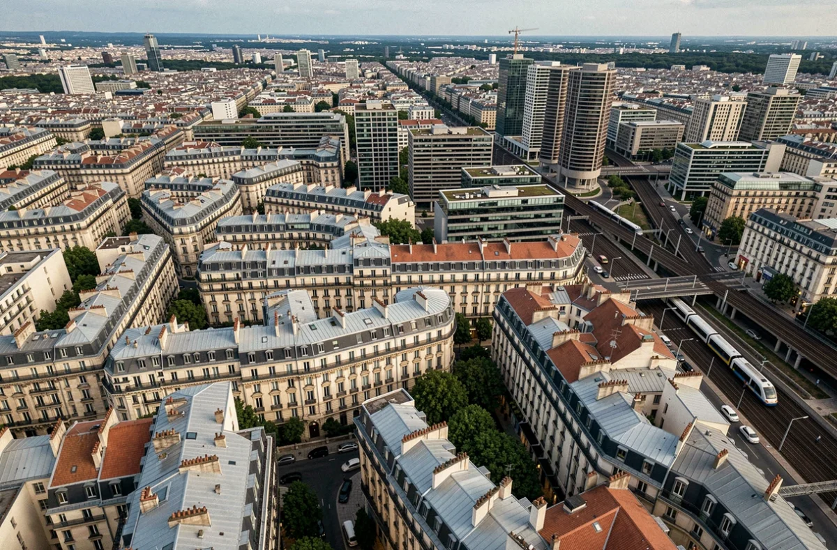 Vue aérienne d'un quartier parisien dense avec toits haussmanniens et immeubles modernes illustrant l'investissement immobilier en Île-de-France