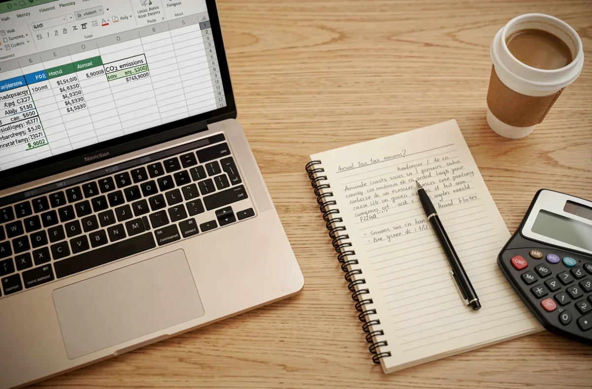 Vue aérienne d'un bureau avec tableau TVS Excel 2026 affiché sur ordinateur portable